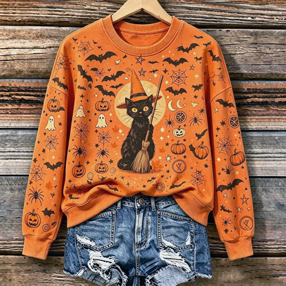 Cardydony Women's Retro Halloween Cat, Ghost, And Spider Print Sweatshirt