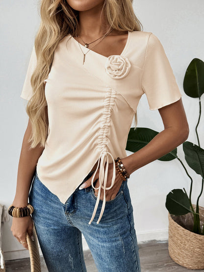 Cardydony Women's Beige Ruched Asymmetrical Top – Short Sleeve Blouse with 3D Floral Detail