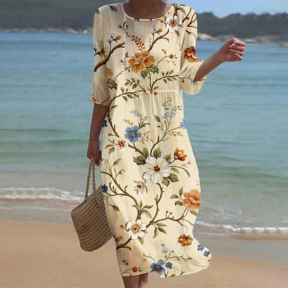 Cardydony Vintage Floral Art Linen Blend Loose Linen Dress