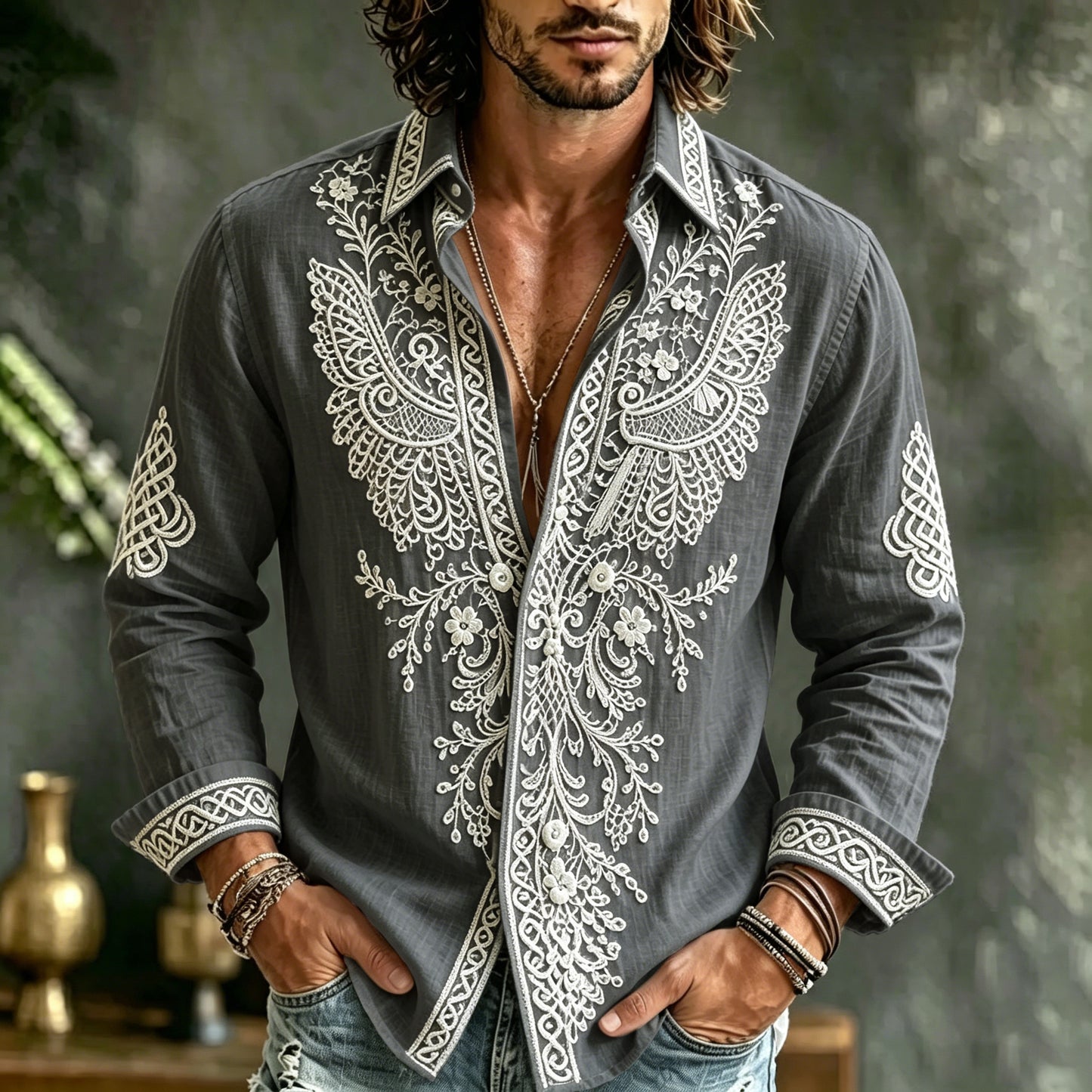 Cardydony Men's Spring Summer Viking Tribal Jacquard Wings And Floral Inspired Art Flowy Linen Blend Shirt