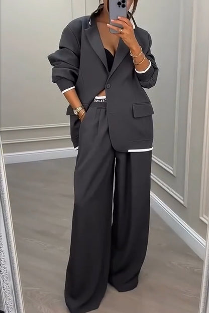 Cardydony Women's Fashion Sports Style Ribbed Colorblock Lapel Blazer and Elastic Waist Pocket Loose Pants Set