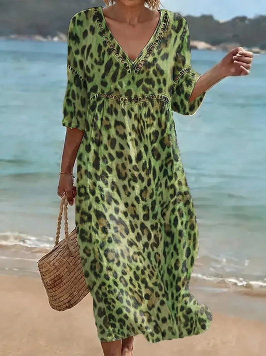 Cardydony Women's Leopard Art Pattern Linen Blend Loose Three-quarter Sleeve V Neck Dress