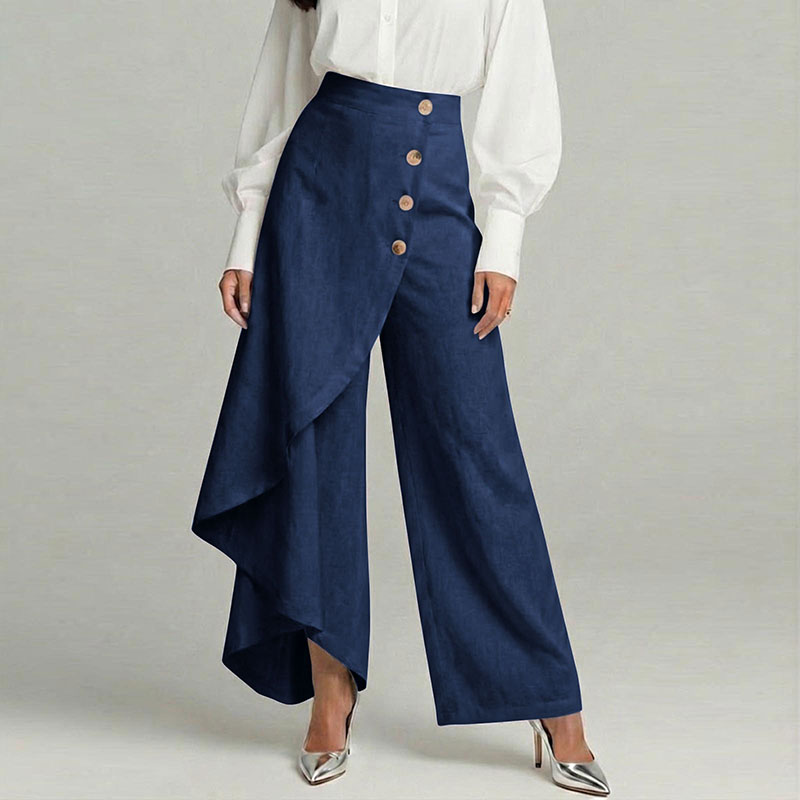 Cardydony Women's Casual Retro Irregular Ruffles Button Cotton And Linen Pants
