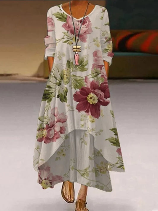Cardydony Vintage Floral Print Double Layer Casual Maxi Dress