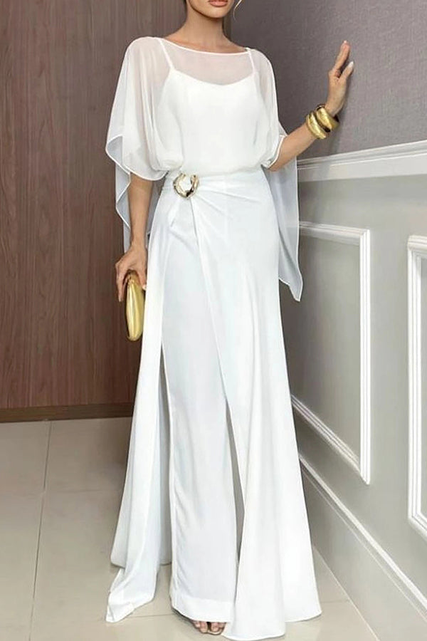 Cardydony Women's Vivian Chiffon Cape Top and  Metal Buckle Wrap Wide-Leg Pants Set