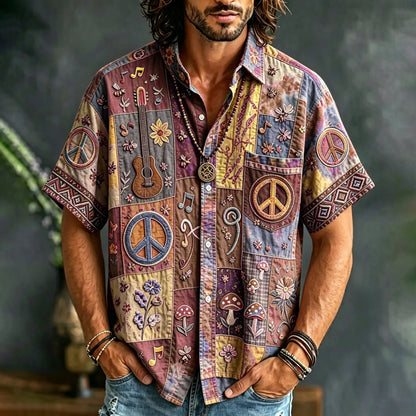 Cardydony Men's Peace Sign And Guitar Hippie Patchwork Print Casual Shirt