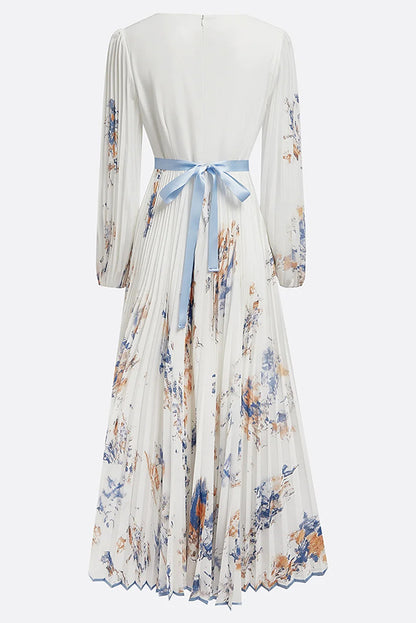 Cardydony Women's Unique Printed V-Neck Long Sleeve Bow Tie Waist Holiday Maxi Dress