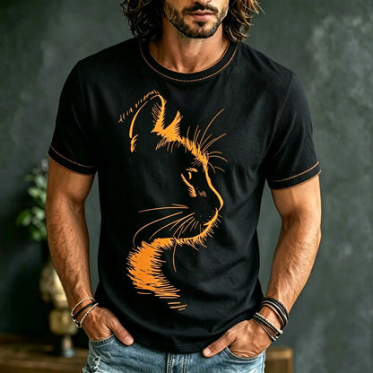 Cardydony Men's Cat Print Cotton Linen T-shirt