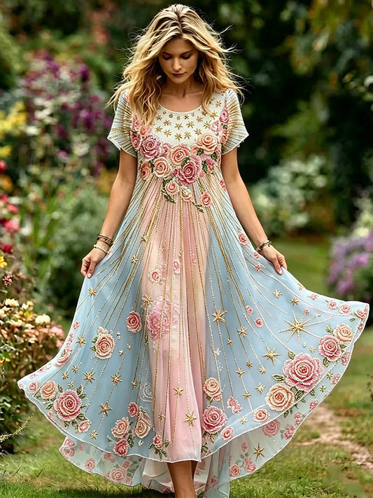 Cardydony Women's Vintage Bohemian Rose And Star Pattern Round Neck Dress