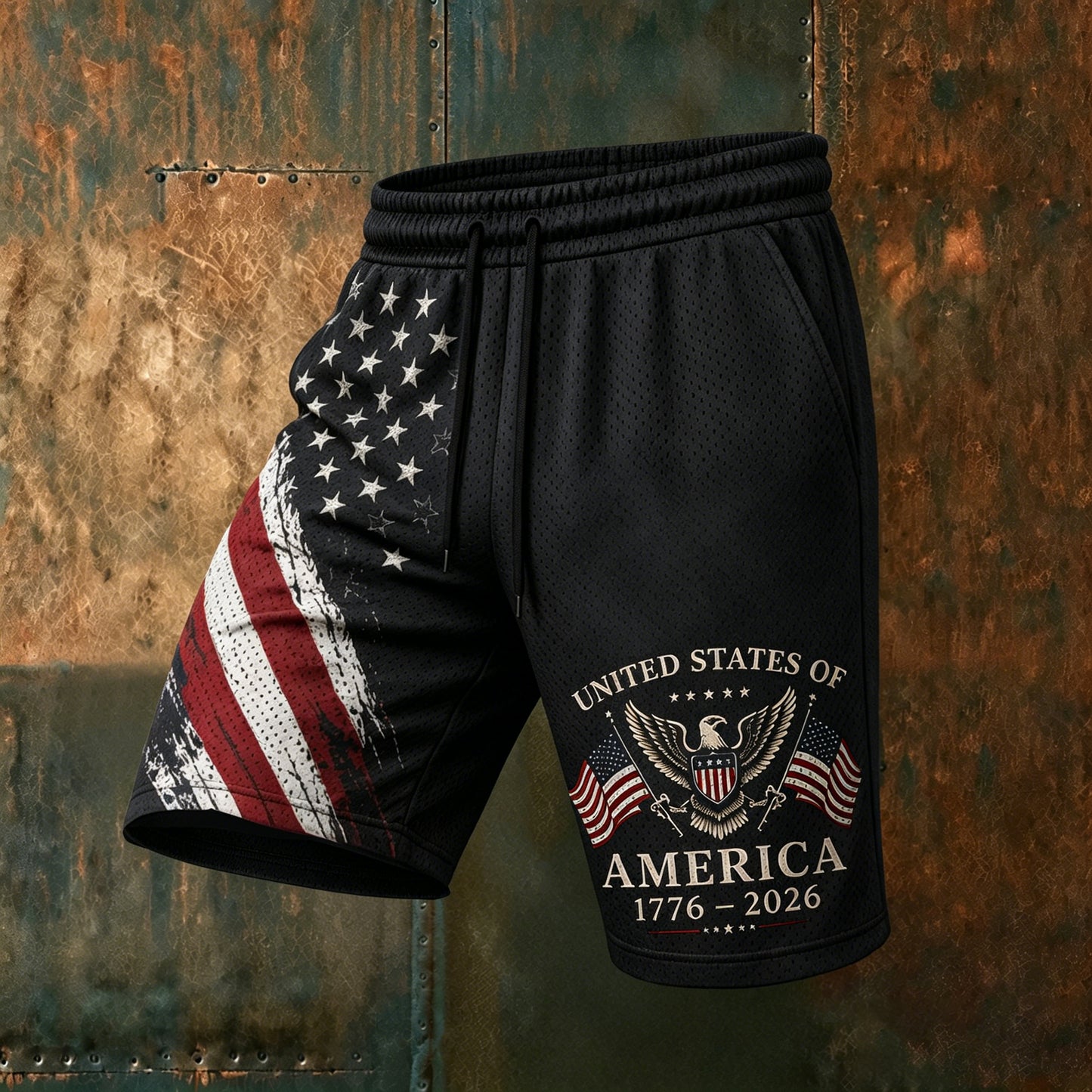 Cardydony Men's Usa Anniversary Flag With Eagle Pattern Casual Mesh Shorts