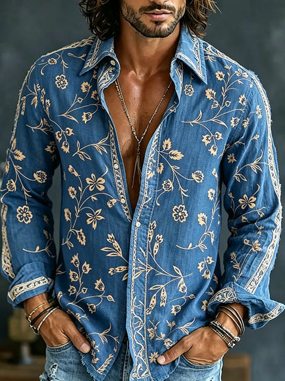 Cardydony Men's Vintage Spring Floral Embroidered Art Print Flowy Linen Blend Casual Shirt