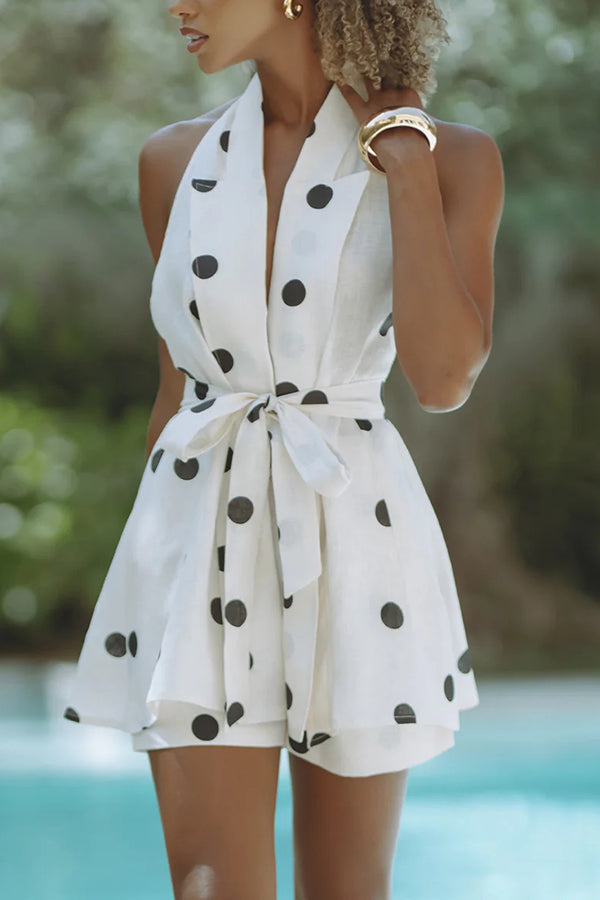 Cardydony Women's Gabby Linen Blend Polka Dot Tie-up Lapel Halter Vest and Metal Ring Belt Loose Shorts Set