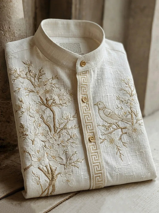 Cardydony Retro Cherry Blossom And Bird Pattern Short-sleeve Shirt