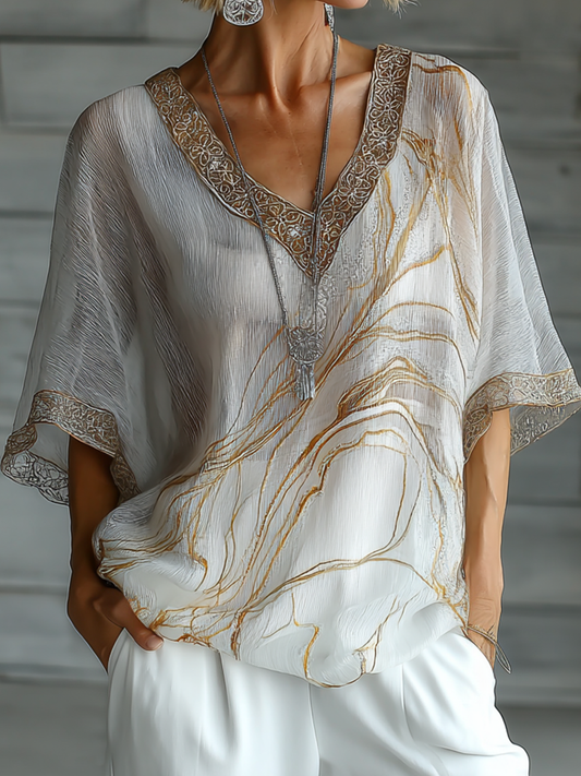 Cardydony Vintage Marble Texture Collection Bohemia Style Gradient Gilded Pattern Linen V Neck Women's T-shirt