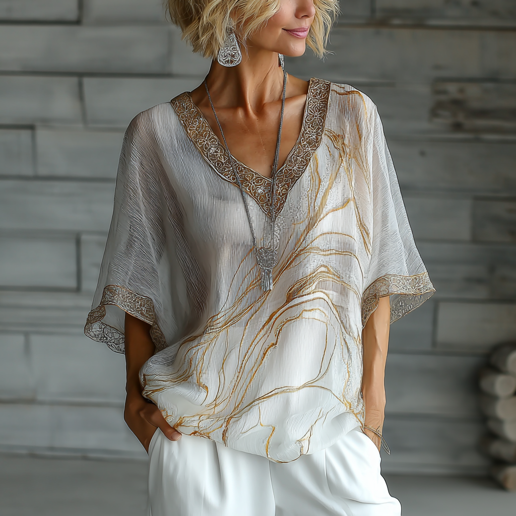 Cardydony Vintage Marble Texture Collection Bohemia Style Gradient Gilded Pattern Linen V Neck Women's T-shirt