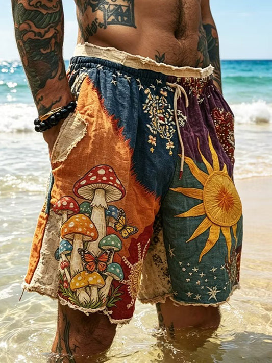Cardydony Men's Hippie Sun With Psychedelic Mushrooms Patchwork Print Casual Shorts