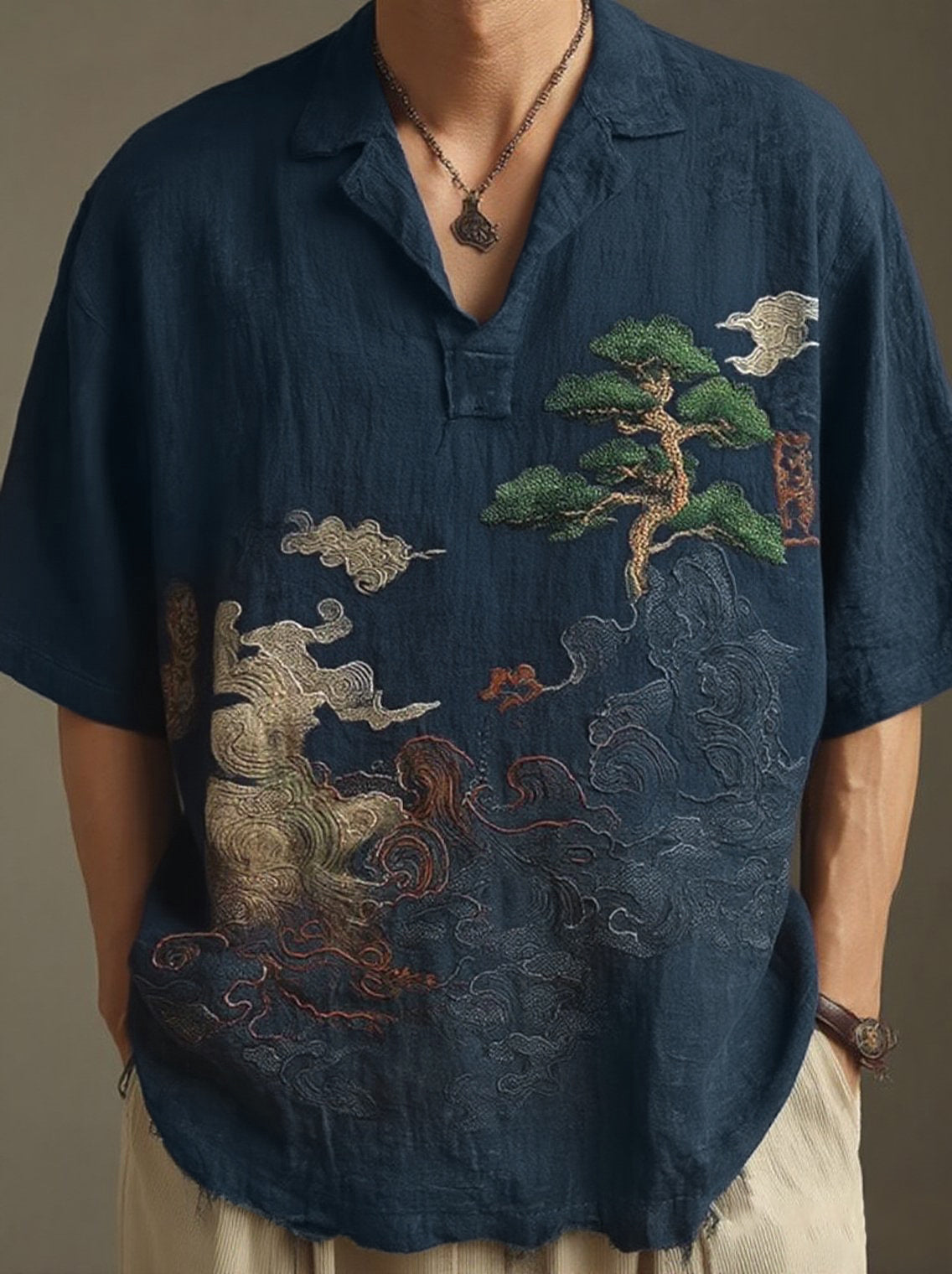 Cardydony Men's Retro Landscape Embroidery Casual Lapel Short Sleeve Shirt