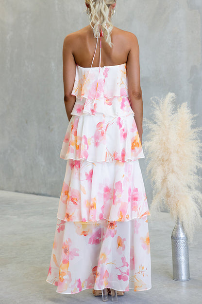 Cardydony Women's Poetic Eden Chiffon Floral Print Tiered Ruffles Halter A-line Maxi Dress