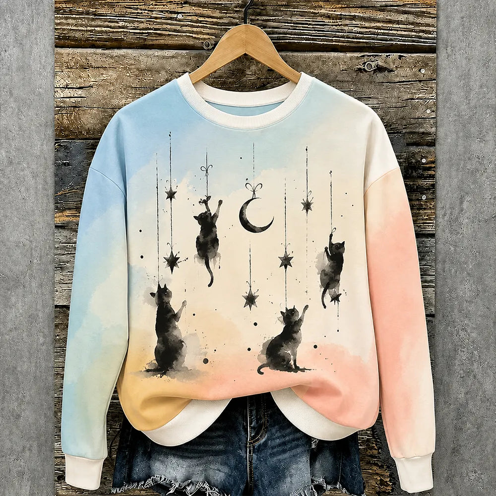 Cardydony Unisex Casual Crewneck Sweatshirt In Gradient Sky Blue And Peach With Watercolor Black Cats And Hanging Stars And Moon Print
