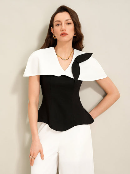 Cardydony Women's Elegant Black & White Co Ord Set – Cape Top & Wide Leg Trousers