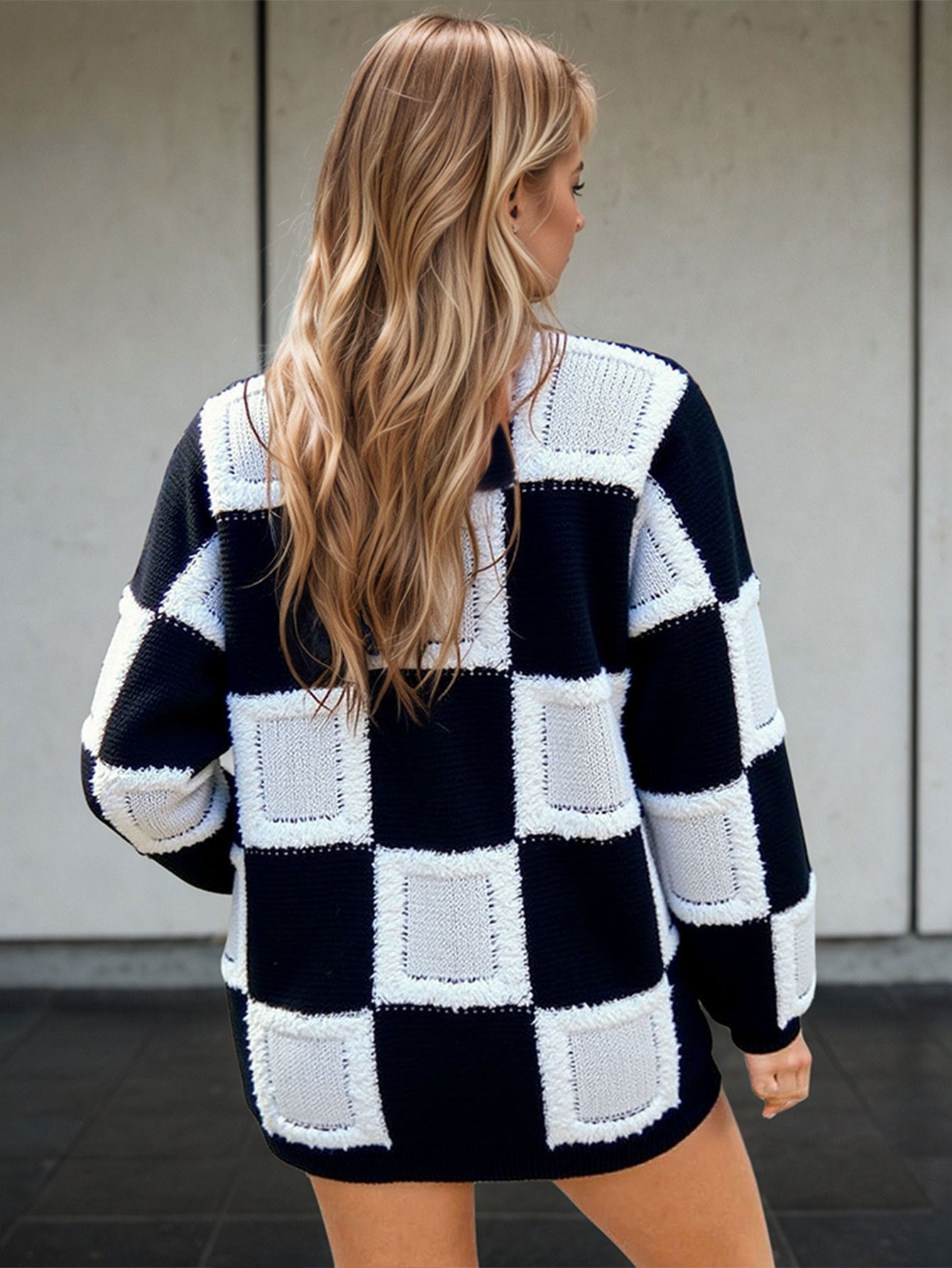 Cardydony Women's Geometric Checkered Mock Neck Knit – Oversized Pullover Sweater