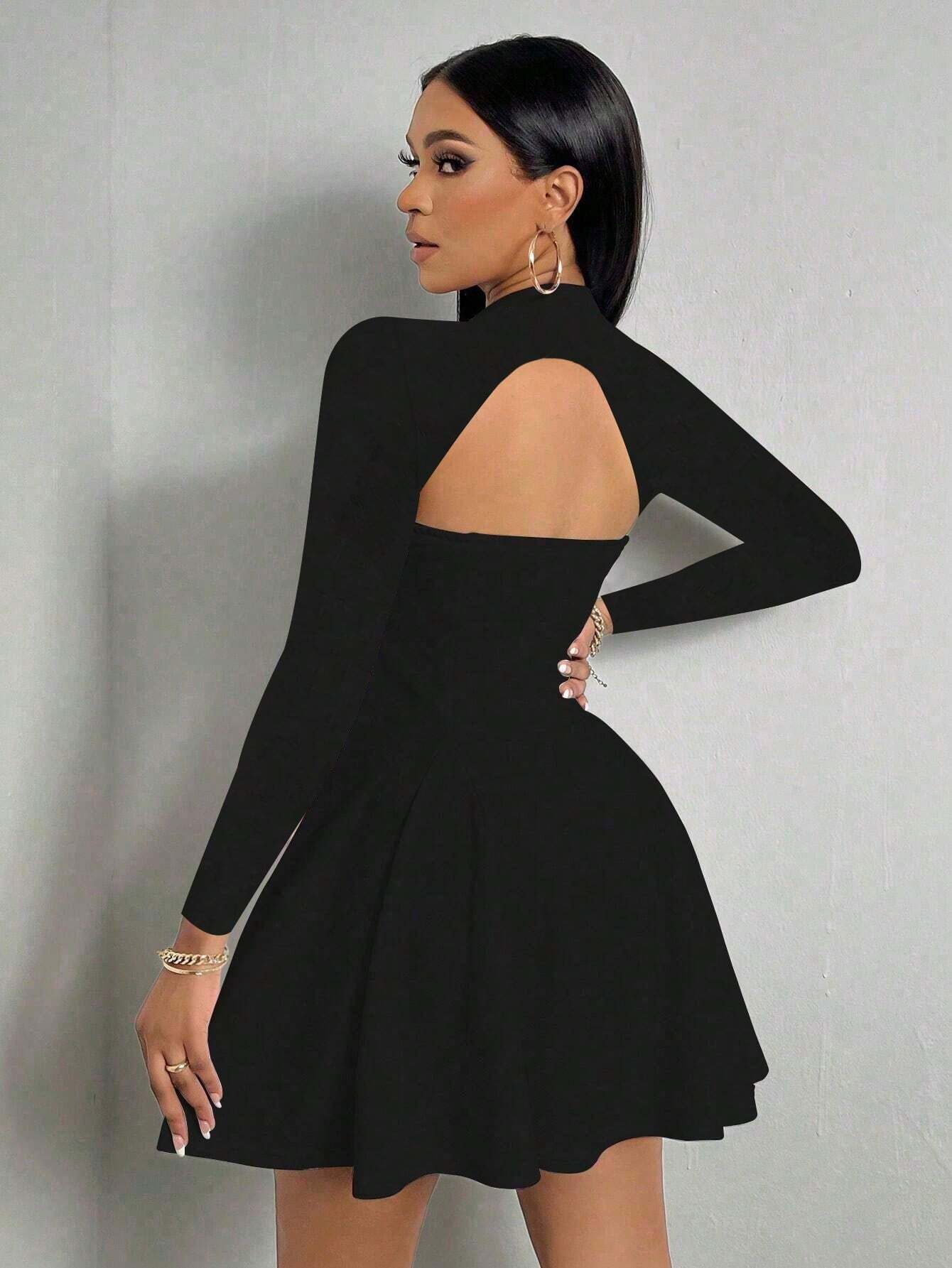 Cardydony Women's Women's Black Long Sleeve Mini Dress – Square-Neck Fitted Top & Flared Hem