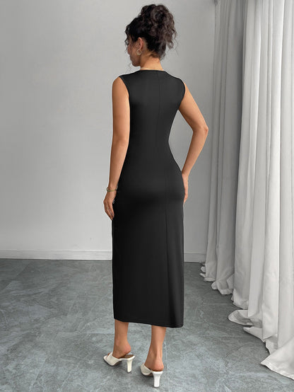 Cardydony Women's Black Sleeveless Midi Dress with Side Slit and Bows – Elegant Summer Look