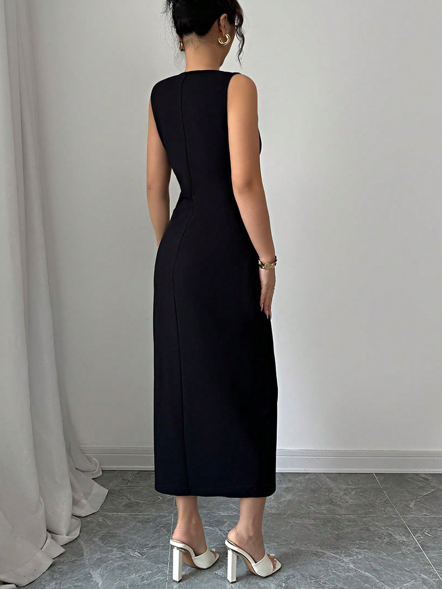 Cardydony Women's Black Sleeveless Midi Dress with Side Slit and Bows – Elegant Summer Look