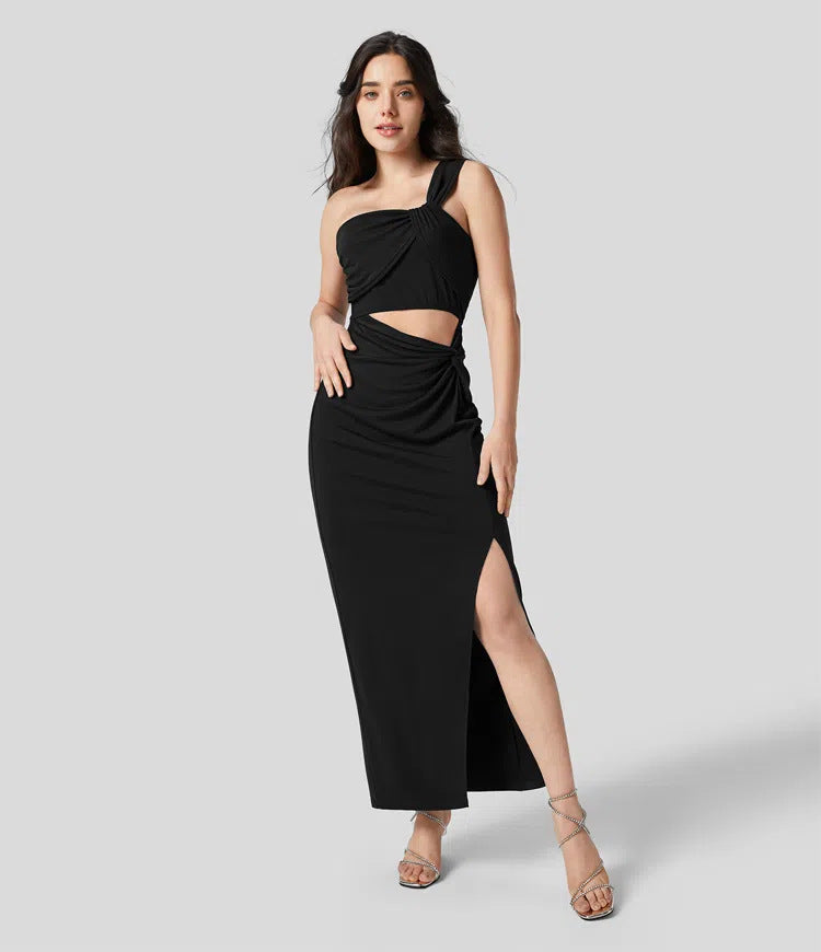 Cardydony Women's Women's Black One-Shoulder Maxi Dress - Draped Cut-Out Slit Dress
