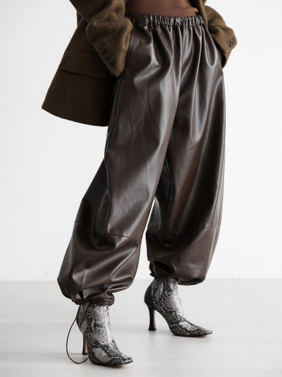 Cardydony Women's PU Leather Women's Pants – Wide Leg Streetwear Drawstring Trousers