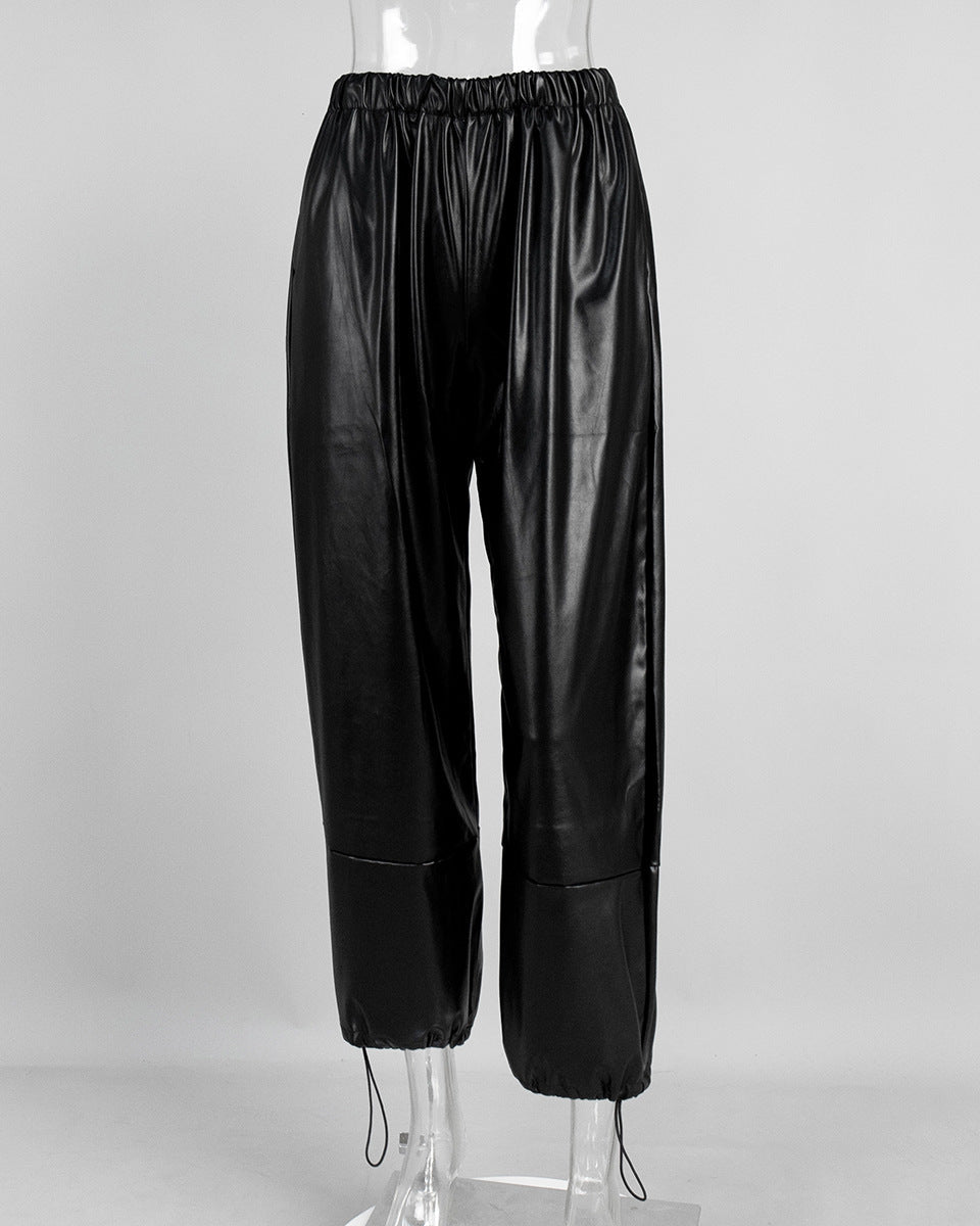 Cardydony Women's PU Leather Women's Pants – Wide Leg Streetwear Drawstring Trousers