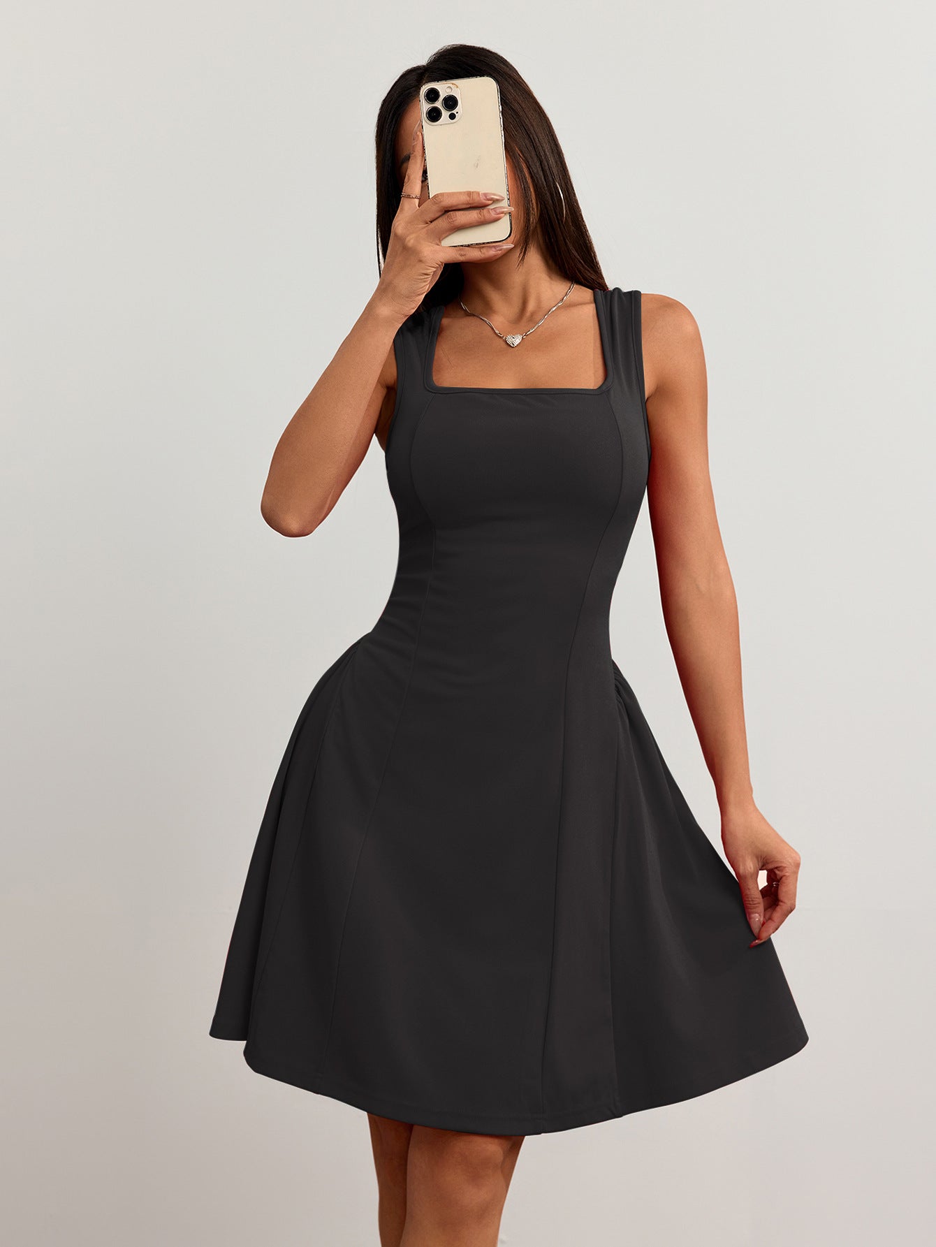 Cardydony Women's Square Neck Sleeveless Mini Dress – Flared Fit in Red & Black for Summer