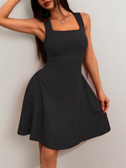Cardydony Women's Square Neck Sleeveless Mini Dress – Flared Fit in Red & Black for Summer