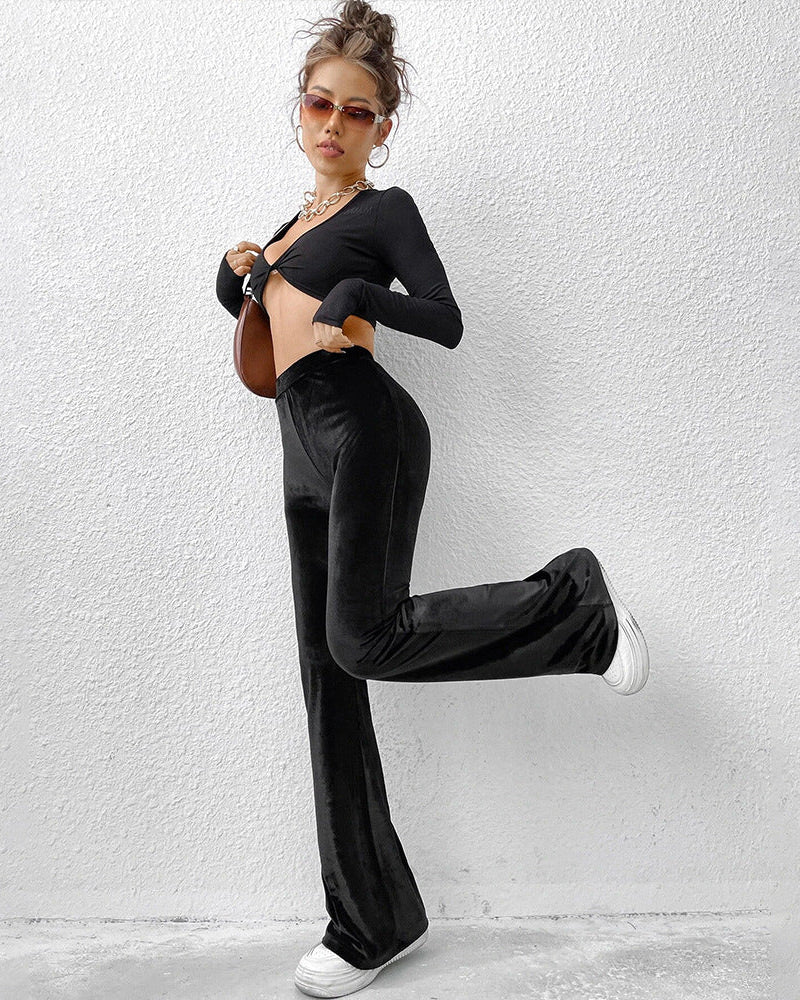 Cardydony Women's Black High Waist Velvet Yoga Flare Pants – Minimalist Micro Flare Trousers