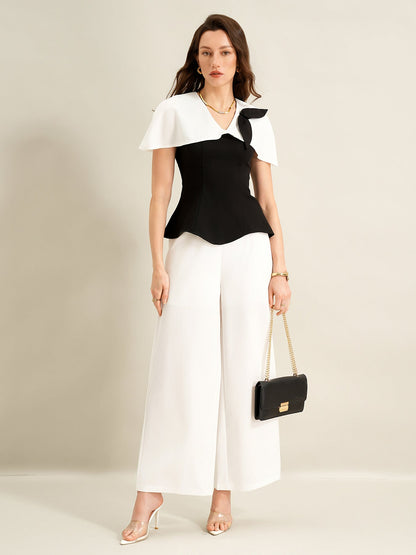 Cardydony Women's Elegant Black & White Co Ord Set – Cape Top & Wide Leg Trousers