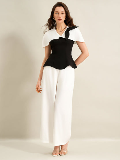Cardydony Women's Elegant Black & White Co Ord Set – Cape Top & Wide Leg Trousers