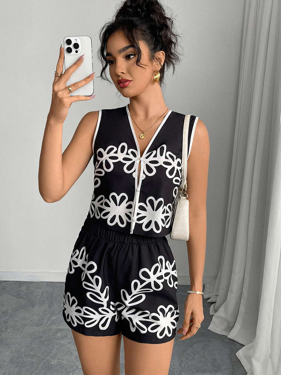 Cardydony Women's Black and White Floral Matching Set – Summer Two Piece Short Outfit