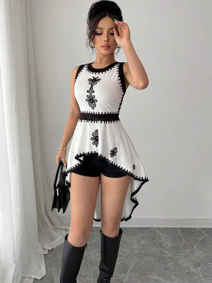 Cardydony Women's Asymmetrical Embroidered Peplum Top – Sleeveless Elegant Statement Style