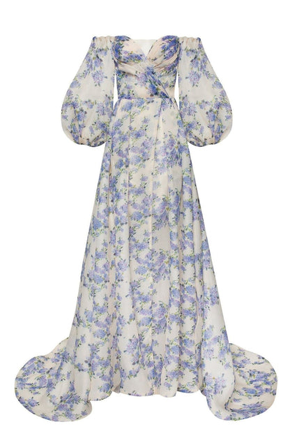 Cardydony Women's Off Shoulder Puff Sleeve Floral Maxi Dress – Sweetheart Slit Overlay Gown