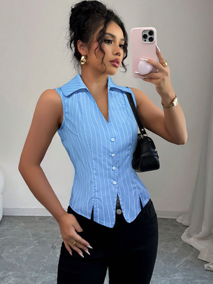 Cardydony Women's Tailored Pinstripe Sleeveless Shirt Top with Button Front – Summer Workwear