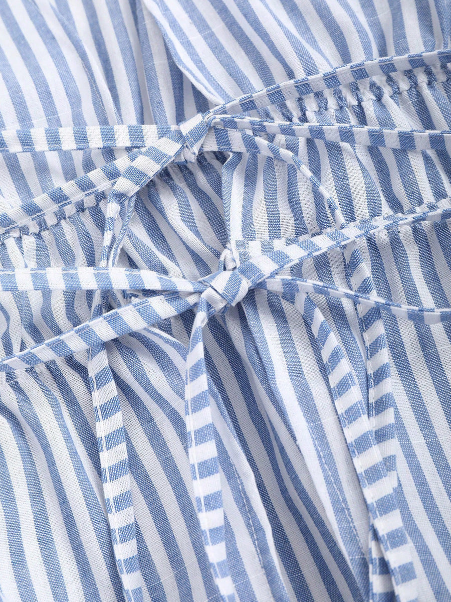 Cardydony Women's Blue Striped Tie Waist Long Sleeve Blouse – Women's Casual Top