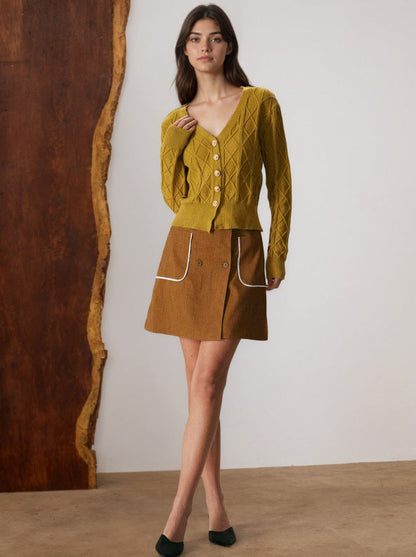 Cardydony Women's Brown A-Line Button Mini Skirt – Fall Contrast Pocket Skirt