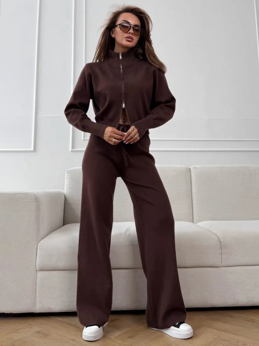 Cardydony Women's Women's Knit 2 Piece Set – Drawstring Wide Leg Pants with Zip Jacket Top