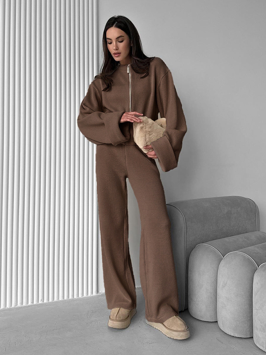 Cardydony Women's Women's Knit 2 Piece Set – Zip Jacket and Wide Leg Pants Outfit