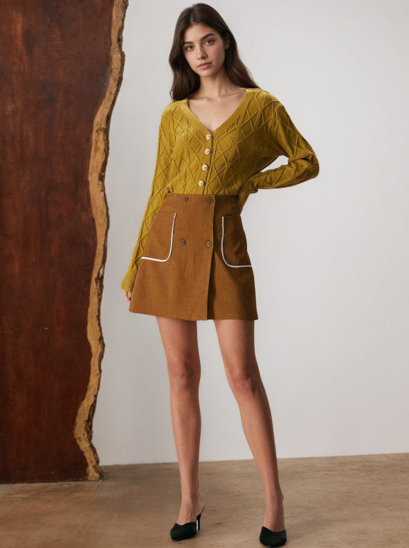 Cardydony Women's Brown A-Line Button Mini Skirt – Fall Contrast Pocket Skirt