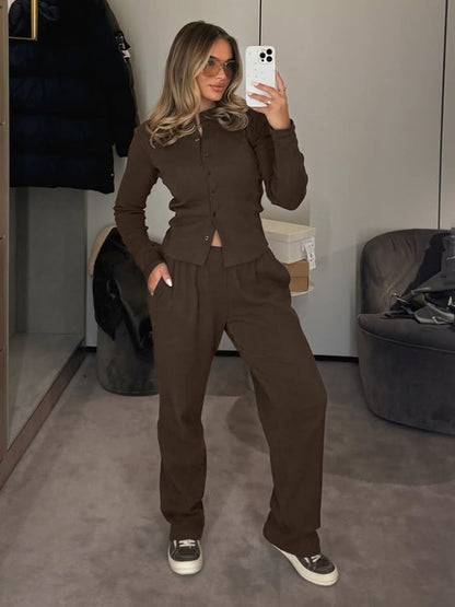 Cardydony Women's Women's Ribbed Knit Co Ord Set – Crop Cardigan & Wide Leg Pants