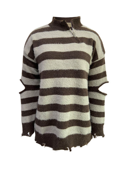 Cardydony Women's Brown Distressed Stripe Quarter Zip – Oversized Cutout Sleeve Sweater