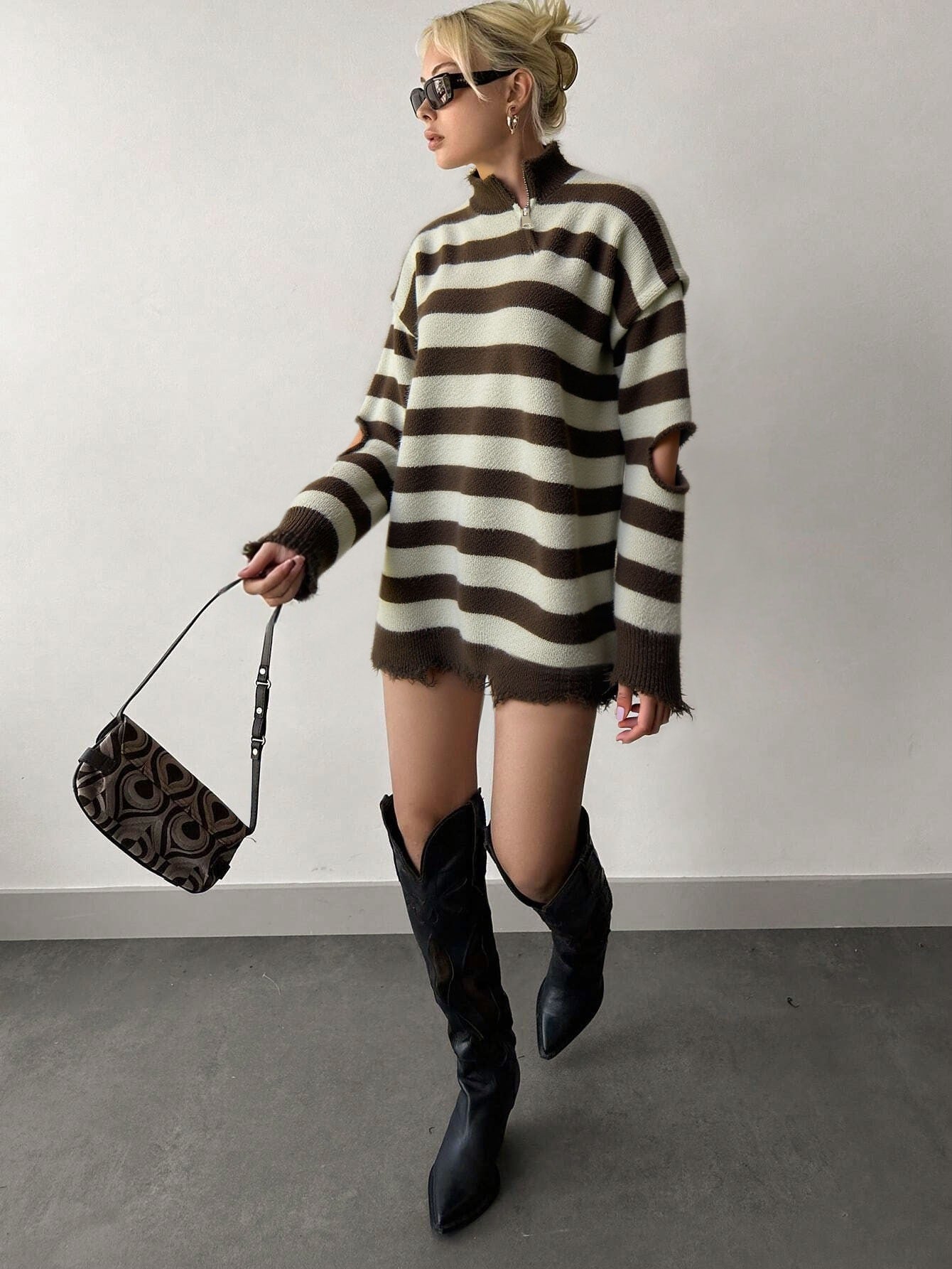 Cardydony Women's Brown Distressed Stripe Quarter Zip – Oversized Cutout Sleeve Sweater