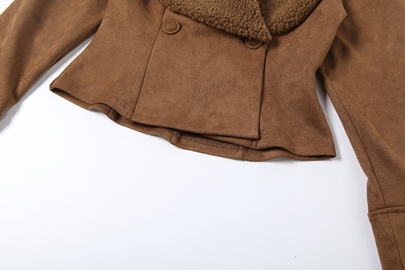 Cardydony Women's Faux Suede Fur-Trim Belted Jacket – Brown Suede Jacket