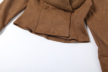 Cardydony Women's Faux Suede Fur-Trim Belted Jacket – Brown Suede Jacket